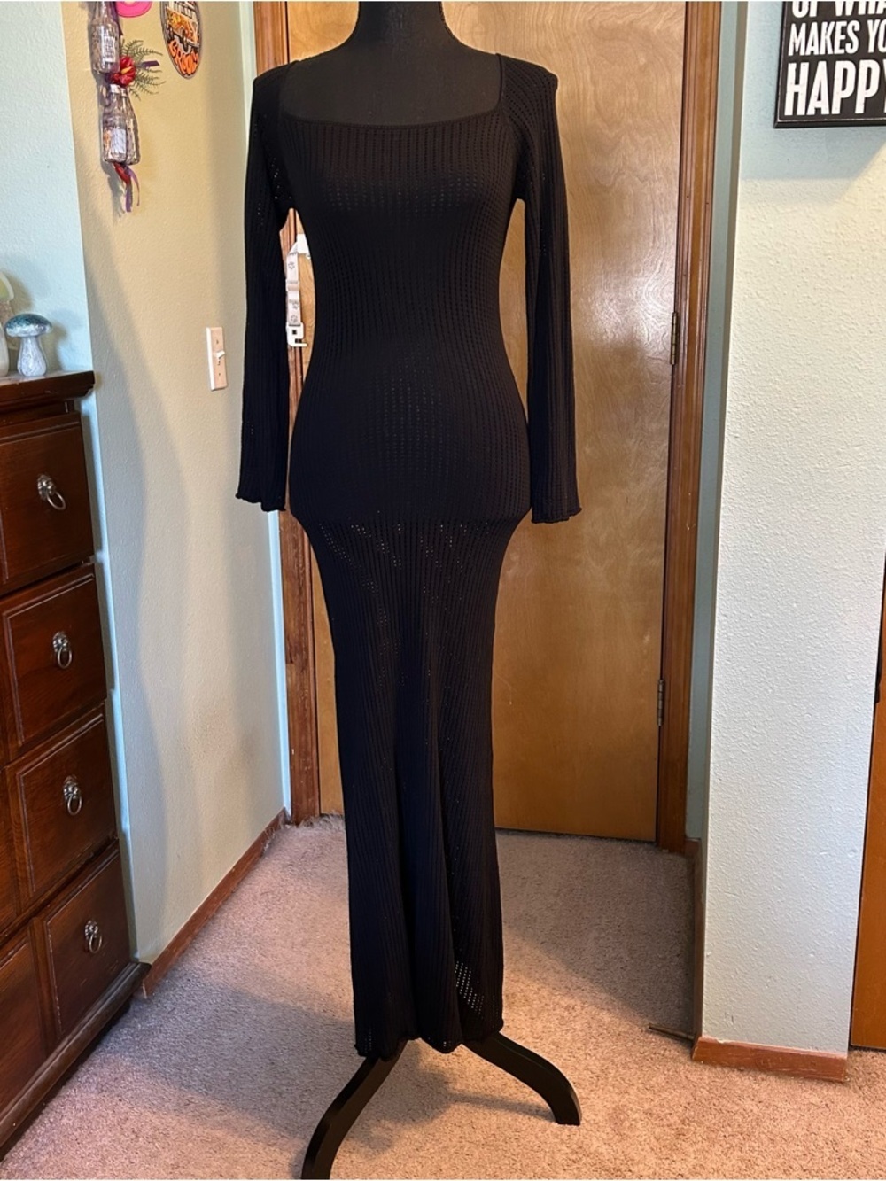 Princess Polly black semi sheer long sleeve fishnet maxi dress coverup 8 bodycon